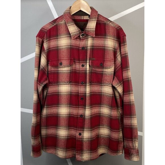 Orvis Big Bear Heavyweight Flannel Shirt Men’s L Red Check Plaid Shacket Pockets - Picture 1 of 16